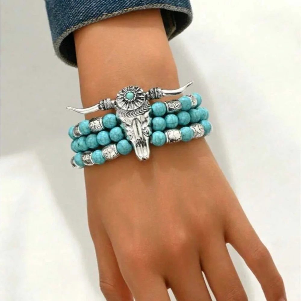 Multi-Layer faux Turquoise‎ Beaded Boho Style Necklace